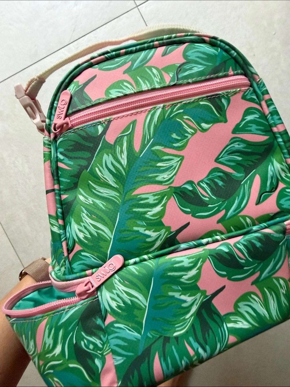 SWIG Pink & Green Tropical Leaf Cosmetic Lunch Bag
